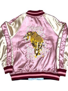 JAPAN SUKAJAN Satin Okinawa REVERSIBLE Tiger Bomber Jacket Womens Medium